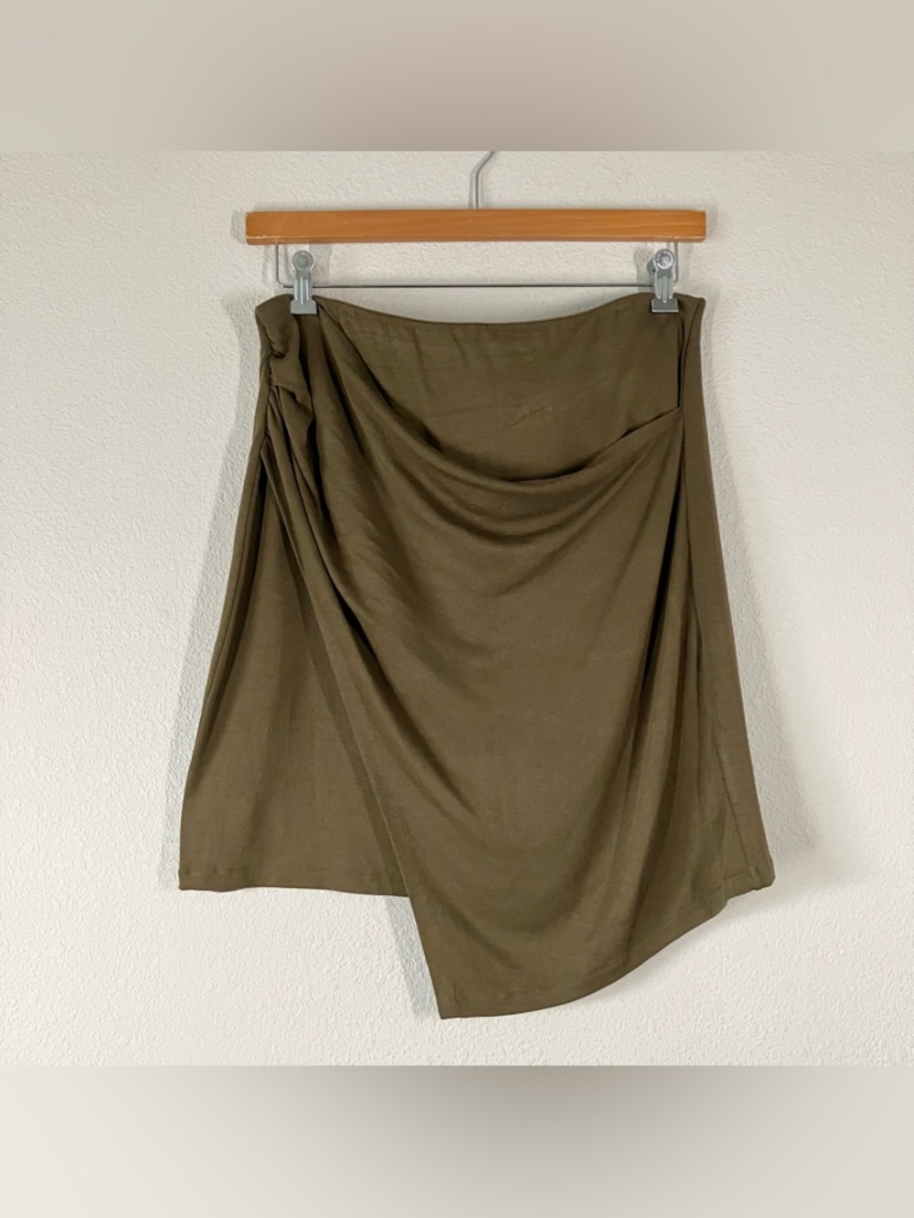 VINCE Draped Asymmetrical Mini Skirt L Stretch Minimalist Office Olive Green